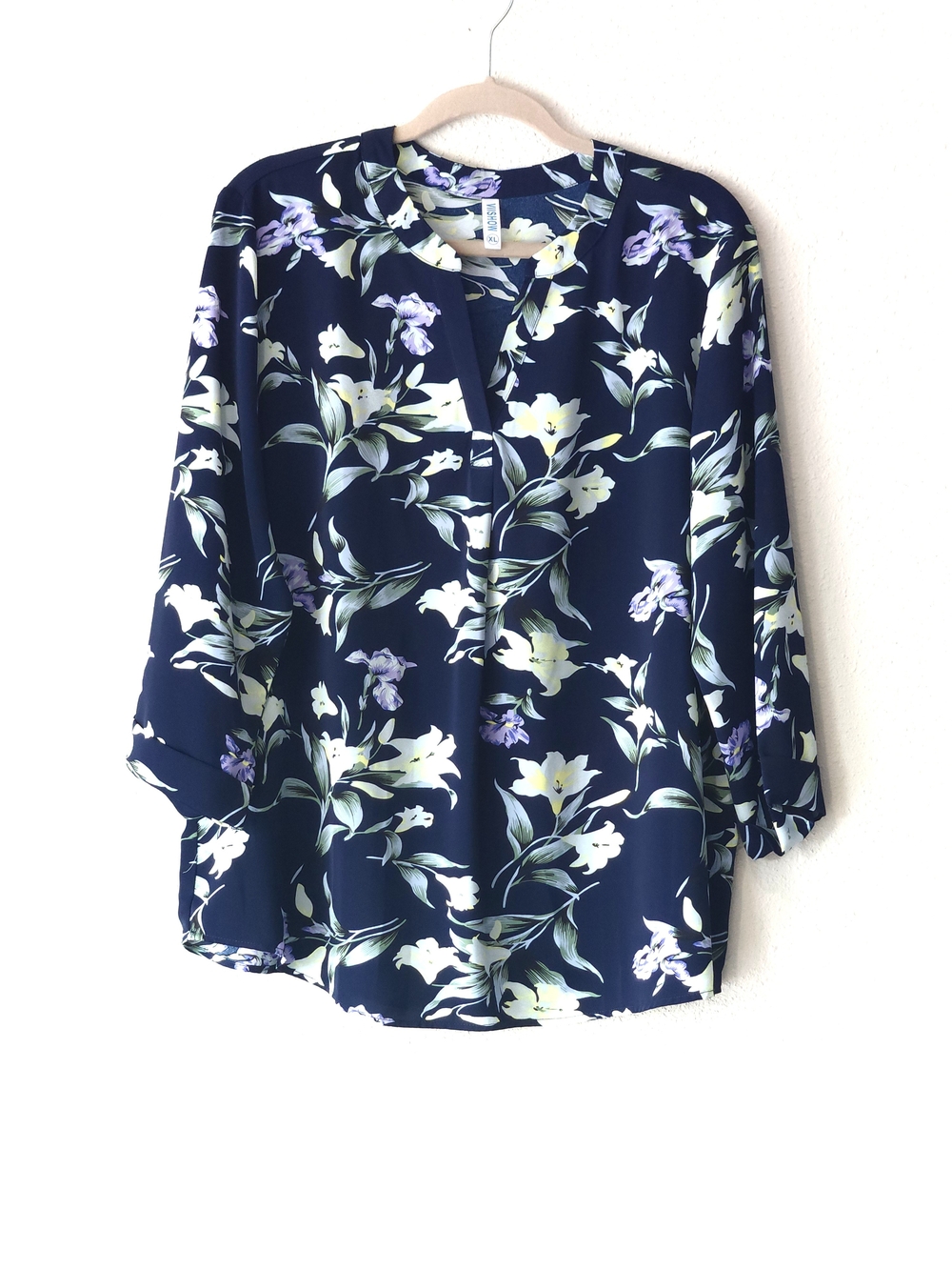VIIShow Classic Split-Neck Blouse Navy with Yellow Floral Print